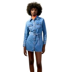 Zara Light Blue Denim Button-Front Shirt Dress